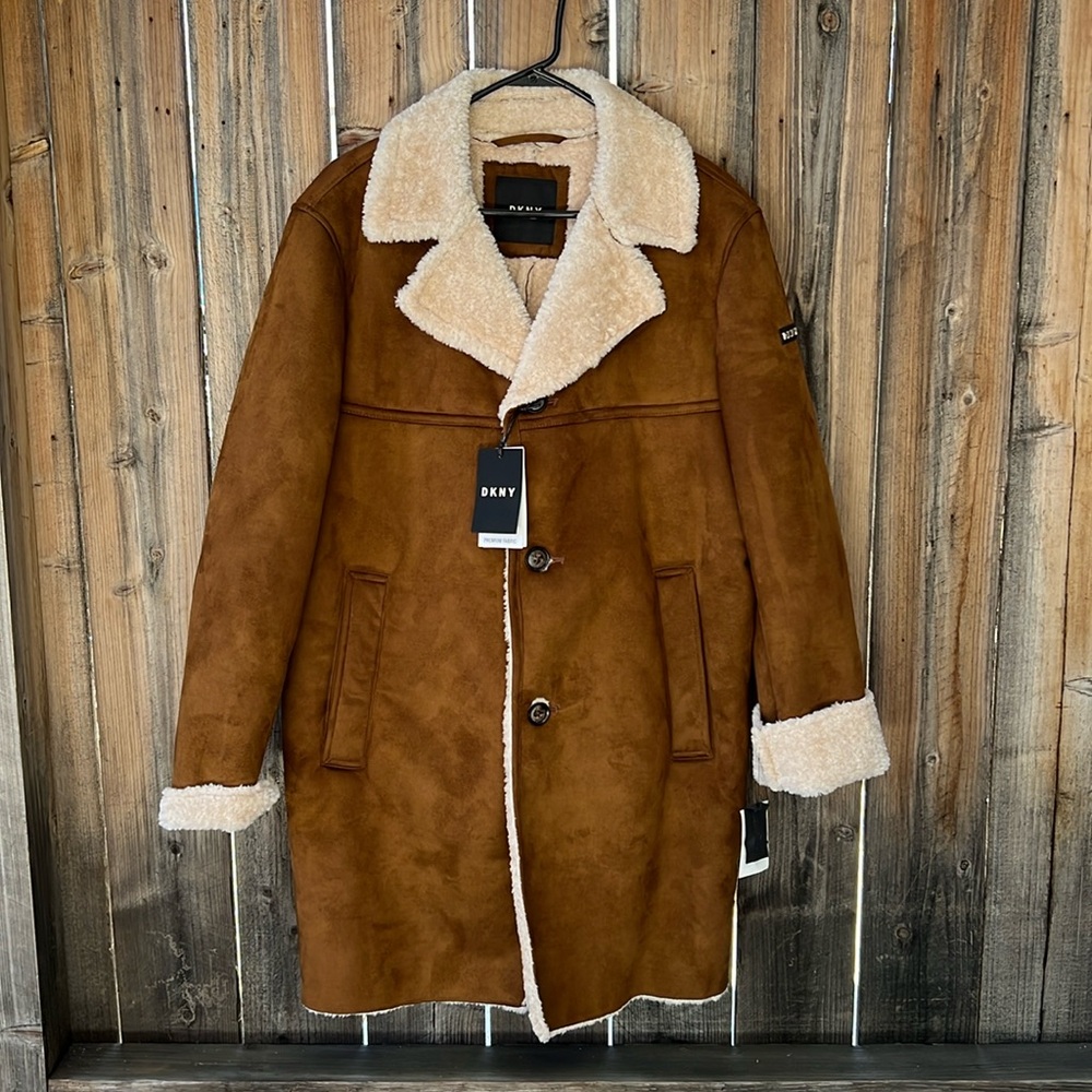 DKNY Men's Shearling Walking Coat with Faux Fur Collar